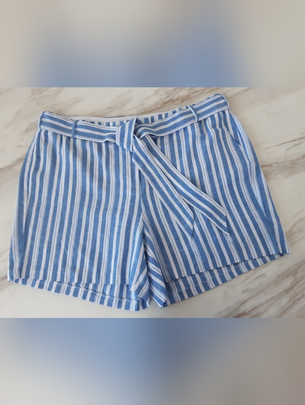 LANE BRYANT Boxer Shorts Blue White Striped Linen Blend Belted Sz 22 NWOT